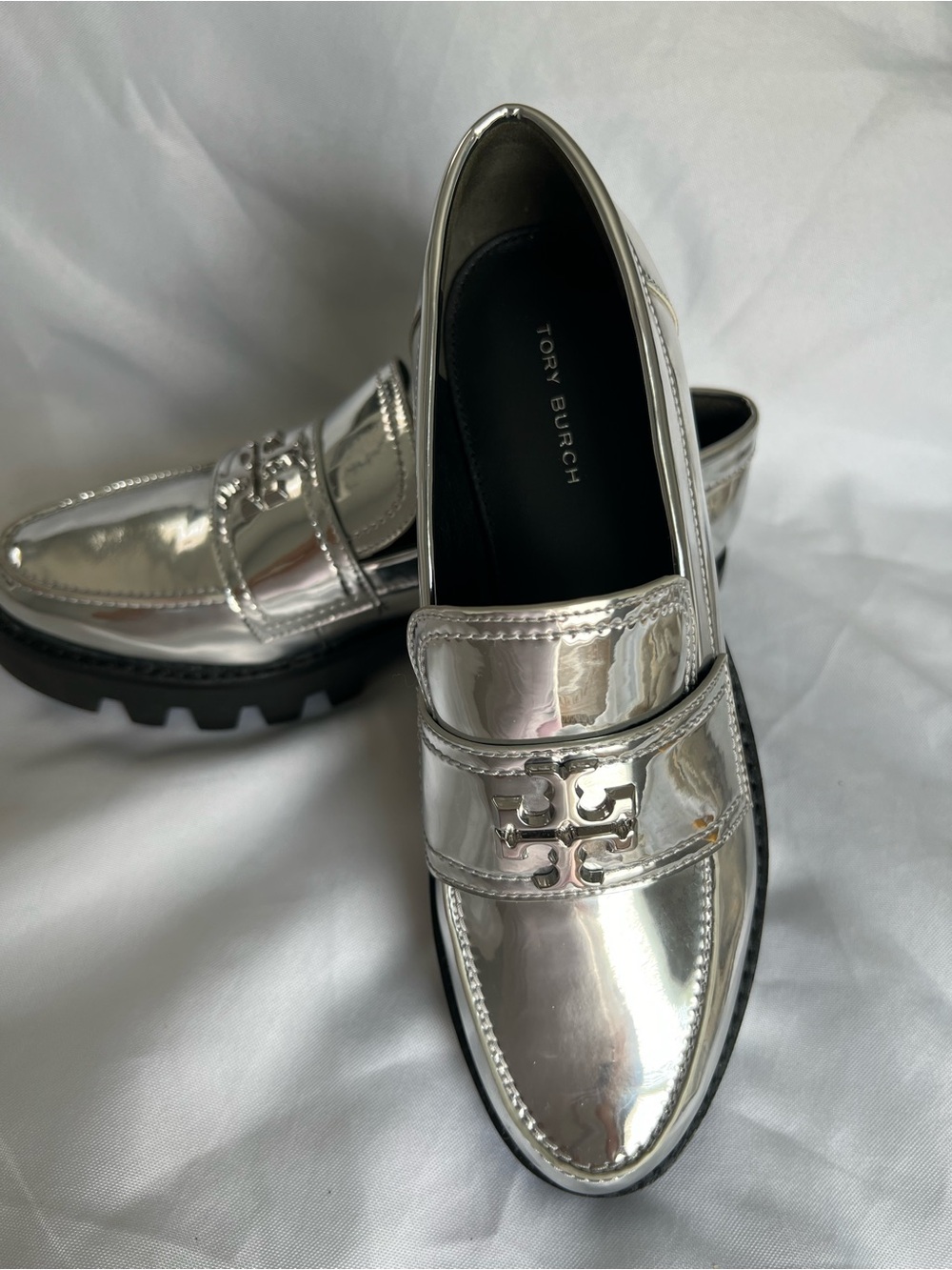 Tory Burch Silver Metallic Lug Sole Penny Loafers